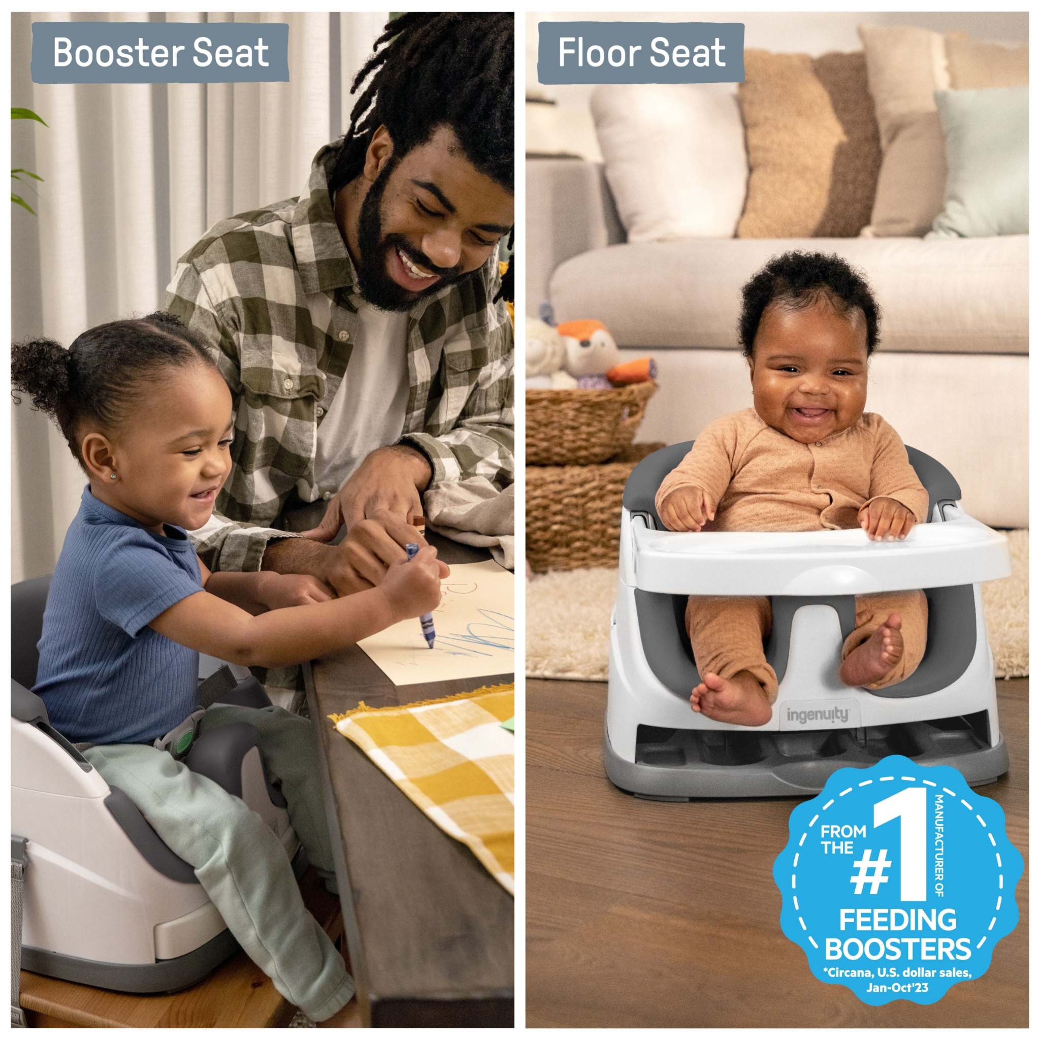 Ingenuity Baby Base 2-in-1 Seat - Slate Portable Dining Booster with Removable Tray & Adjustable Straps for Babies 6-36 Months