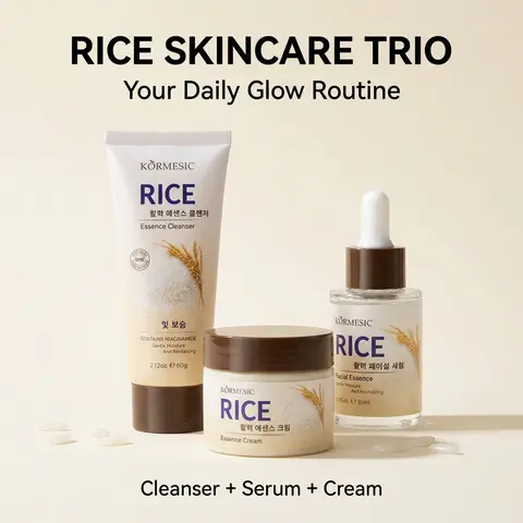 Rice Extract 3 In 1 Beauty Set, Complete Care Bundle with Cleanser, Serum, Face Cream for Daily Moisturize, Hydrating & Skin Barrier Boost, At-Home Routine Gift for Female Adults