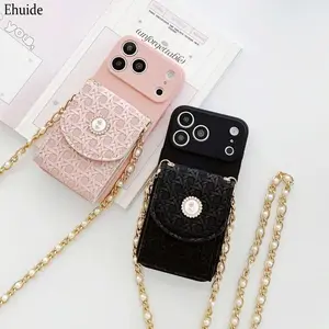 Weave Wallet Lanyard Case for iPhone 17 Pro Max Air 11 12 13 15 16 14 Plus Crossbody Strap Pearl Leather Cute Flower Bag Cover