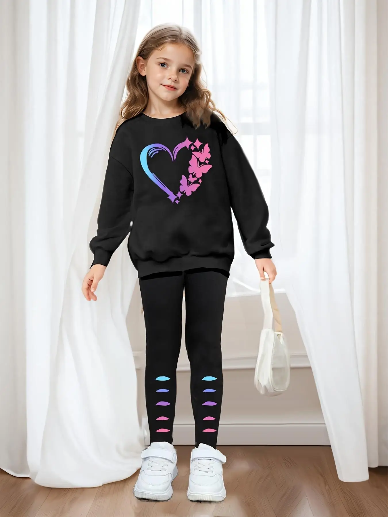 Two-piece Set Girl's Cartoon Print Sweatshirt & Leggings Set, Casual Round Neck Long Sleeve Pullover & Skinny Pants for Spring & Fall, Kids Clothes f