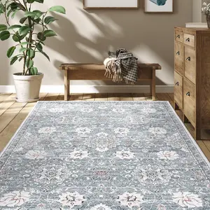 GARVEE Washable Rugs 5x7 Rug for Living Room Bedroom Office Nursery Vintage Area Rug Distressed Oriental Rug Low Pile Neutral Soft Rug Non Slip Farmhouse Floor Cover Dusty Blue