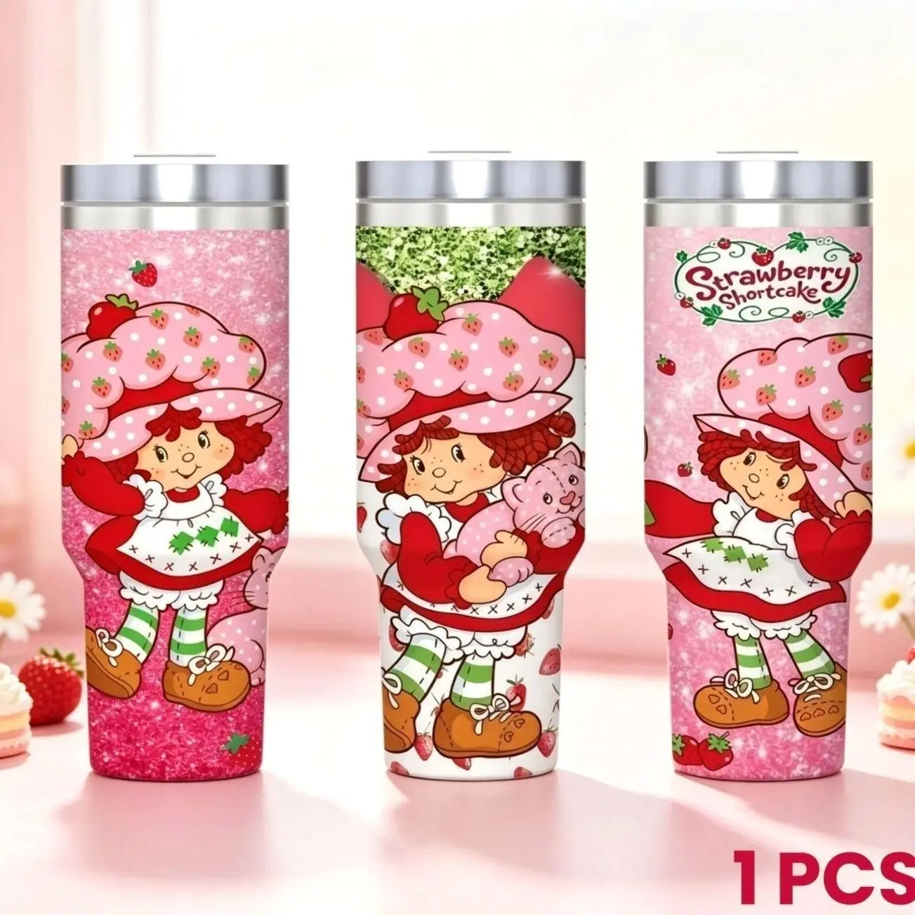 Strawberry Shortcake 40oz Tumbler With Lid Retro 80s Cartoon Character Stainless Steel Insulated Travel Cup Pink Glitter Design Large Capacity Coffee Water Mug For Girls Gift