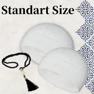 3 Pieces Kufi Hats for Men Muslim and Muslim Prayer Beads Set Include 2 Handicraft Knitted Muslim Hat Stretchy Taqiyah Cap and 1 Muslim Tasbih 99 Beads Muslim Ramadan Gifts, White vintage Cloth