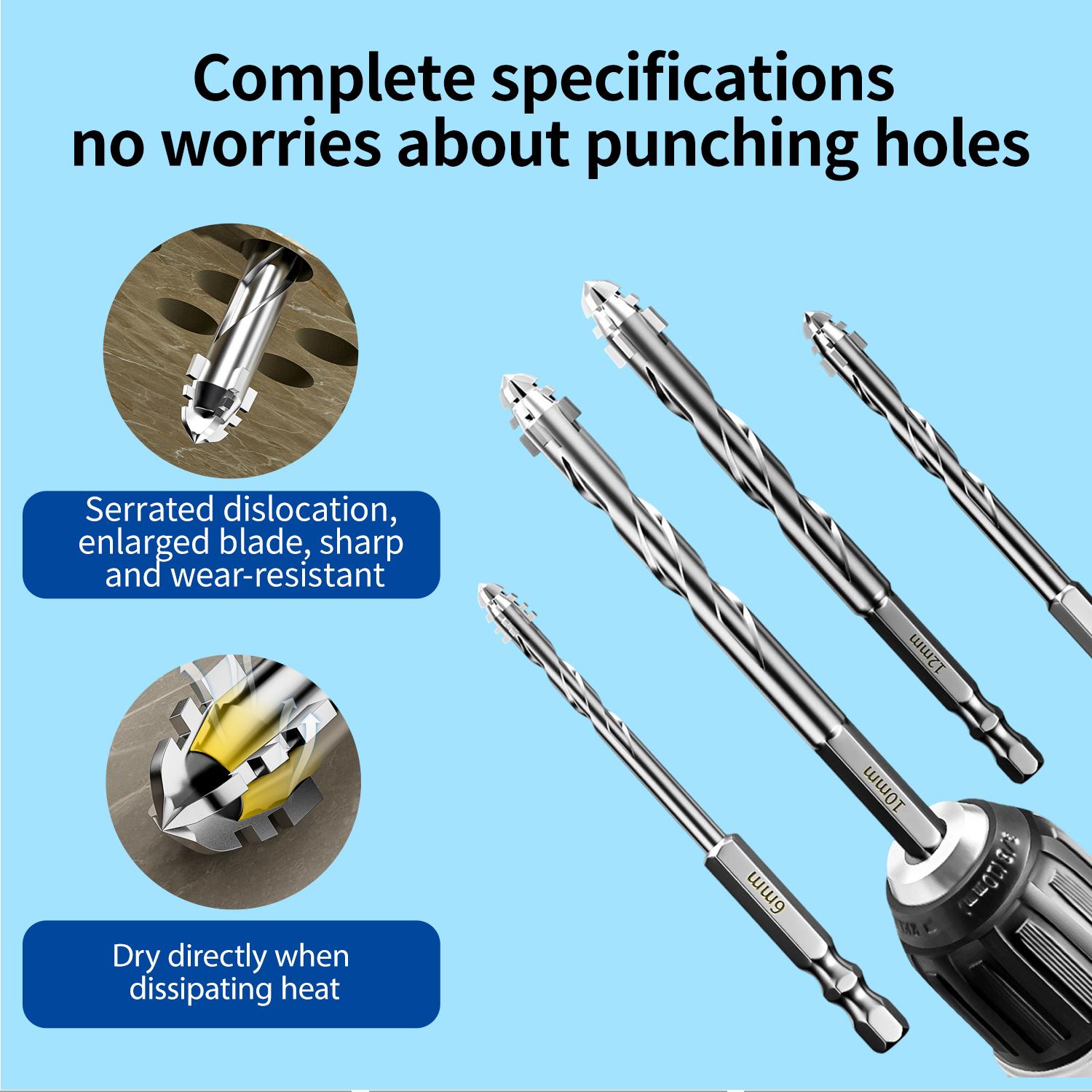 5 Pcs Four-Flute Sawtooth Eccentric Drill Bit Set, Heavy-Duty Carbide Tip for Stone, Glass, Concrete, Wood, Brick, Metal (5/32", 15/64", 5/16", 25/64", 15/32") High-Strength Unique Thread Cutting Feature