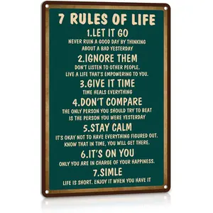 Metal Inspirational Quote Signs 7 Rules of Life Motivational Poster Bedroom or Home Office Decor Vintage Farmhouse Decoration 12x8 Inches