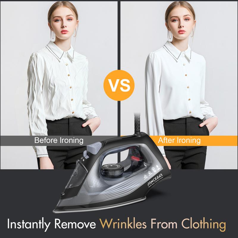 PANCERKA 1600W Steam iron, Adjustable Thermostat Control steam iron, non-stick soleplate, Overheat Safety Protection & Variable Steam Control, suitable for ironing clothes on all fabrics, Steamer for Clothes, Iron for Clothes, Travel Essentials