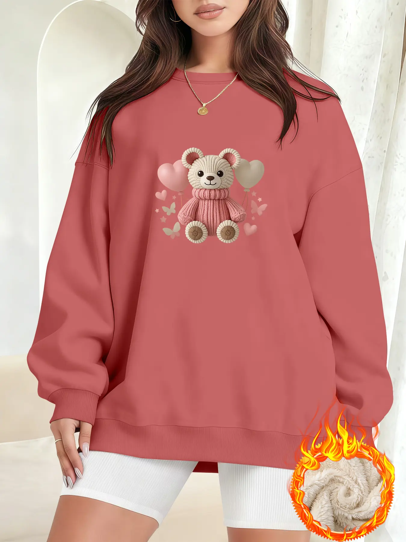 Women's Teddy Bear Print Casual Top, Cute Sweet Style Design, Winter Fleece Lined, Comfortable Fit, Perfect for Fall & Winter