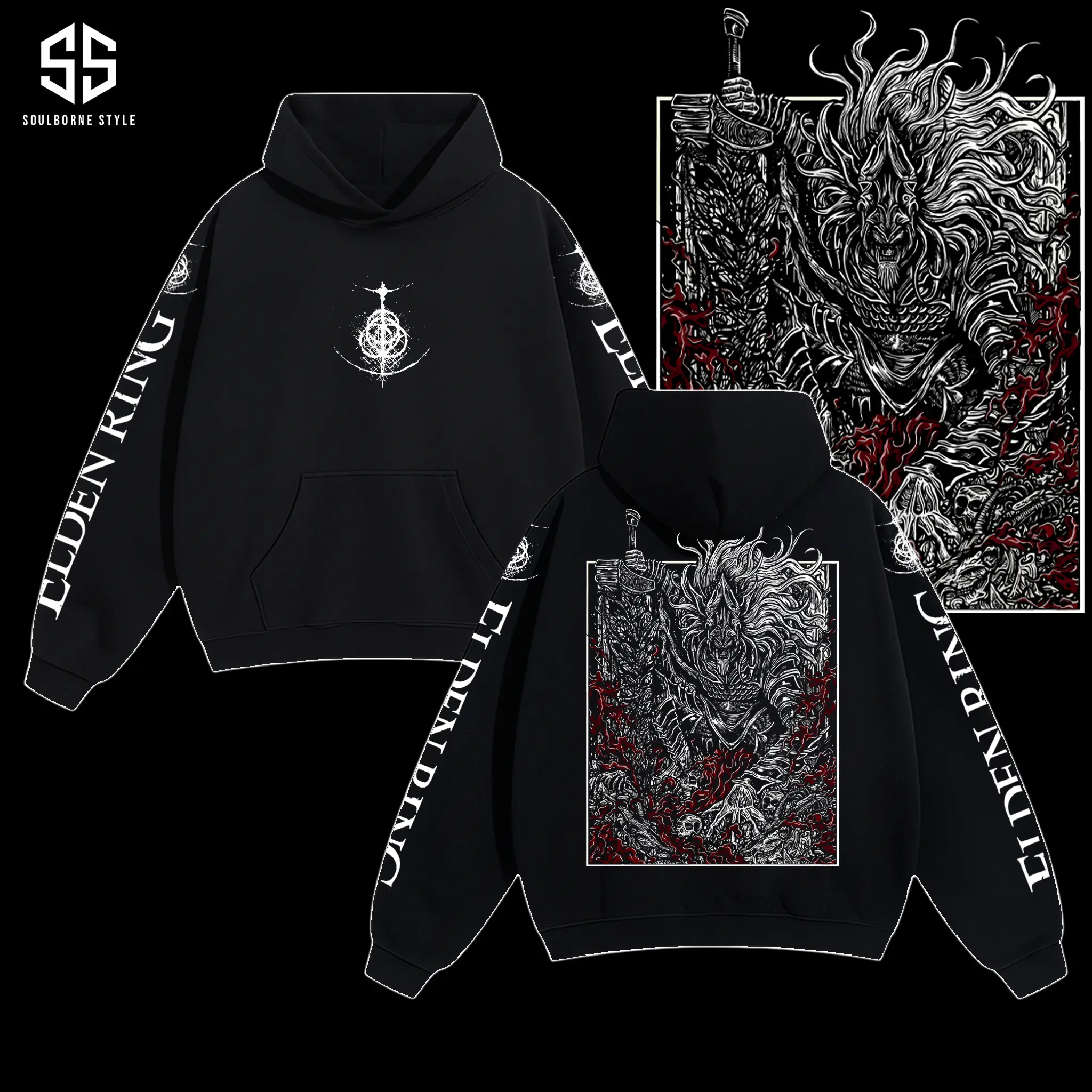 [Soulsborne Style] Vintage Grim Style Maliketh the Black Blade - Elden Ring Unisex Hoodie, Soulsborne Gaming Apparel, Game Shirt, Video Game Clothes, Boy Merch, Gift For Him, Gift For Her, Soulslike Streetwear