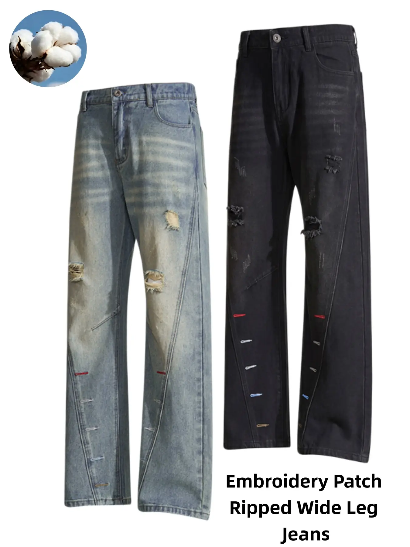 Men's Cotton Blend Embroidery Patch Wide Leg Jeans - Vintage Whiskered Fade, Frayed Rips, Loose Fit, Elastic Back Waist, Color Stitch, Distressed Denim Pants for Skater Streetwear Outfits