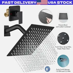 Black Shower Faucet Set 8"Rainfall Shower Head Combo System with Mixer Valve Kit