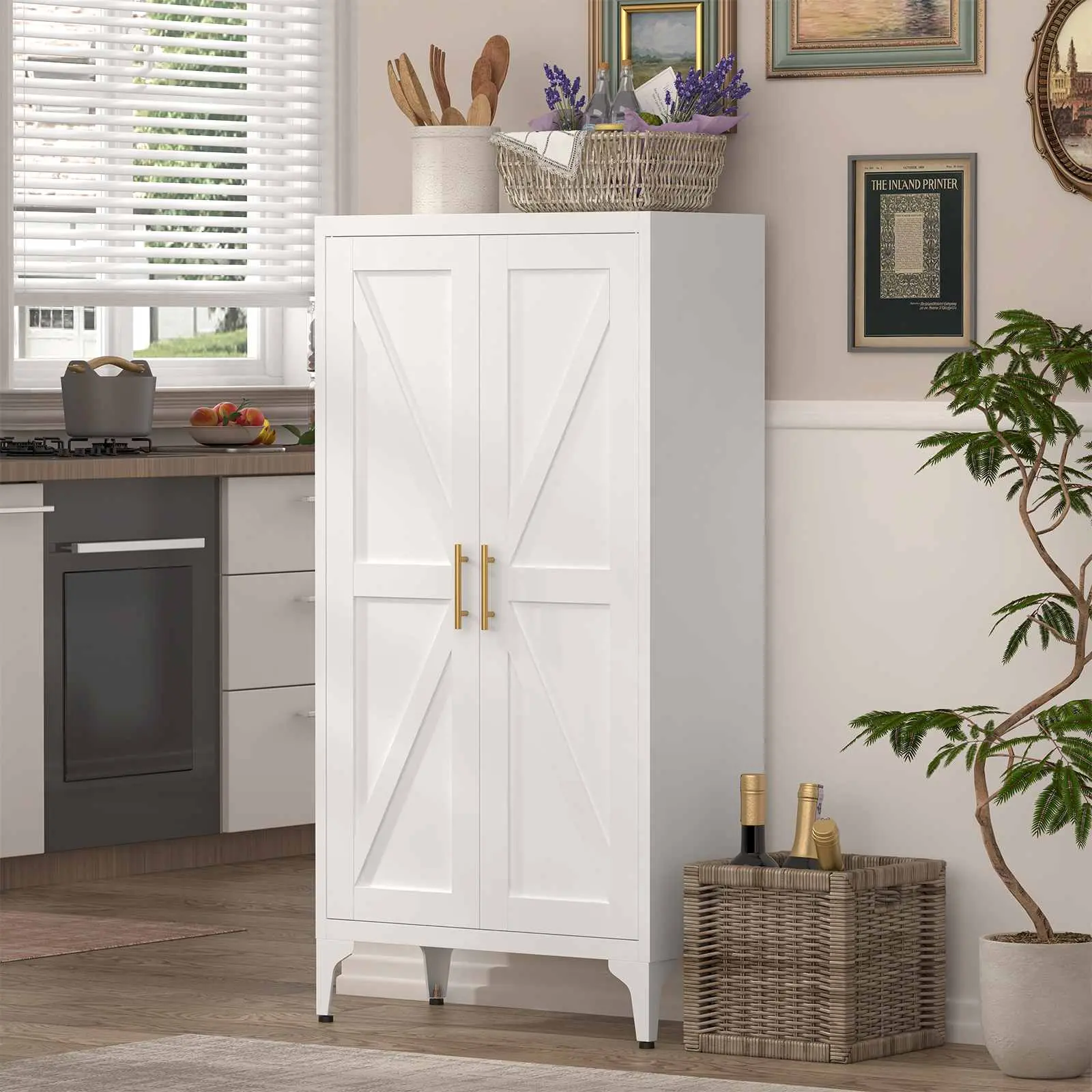 【Home makeover】Steel tall modern Pantry Storage Cabinet with Barn X-Shaped Double Doors & Gold Handles,Freestanding Adjustable 4-Shelf Heavy Duty Metal Cupboard with Anti-Tip Design for Kitchen Living Room Bedroom Office,Pantry Organization, Kitchen Pantr