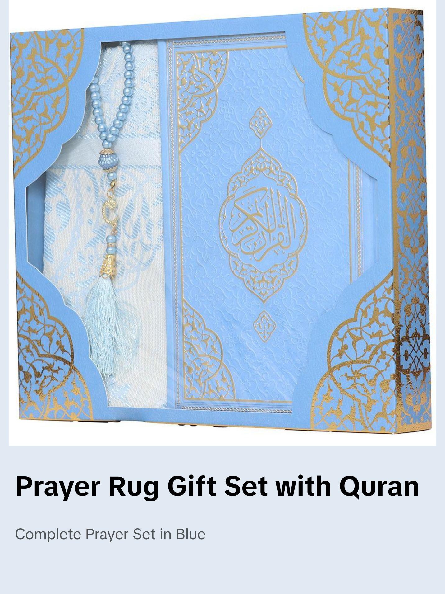 Prayer Rug Gift Box Set - With Quran & Prayer Beads Blue
