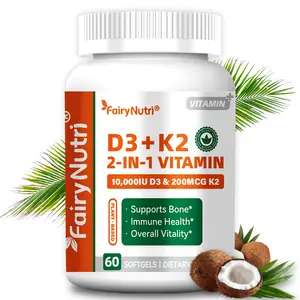 FairyNutri Vitamin D3 + K2 w/ Coconut Oil - Vegan Vitamin D 10000IU & Mk7 Vitamin K 200mcg for Bone & Immune Support - 60 Softgels