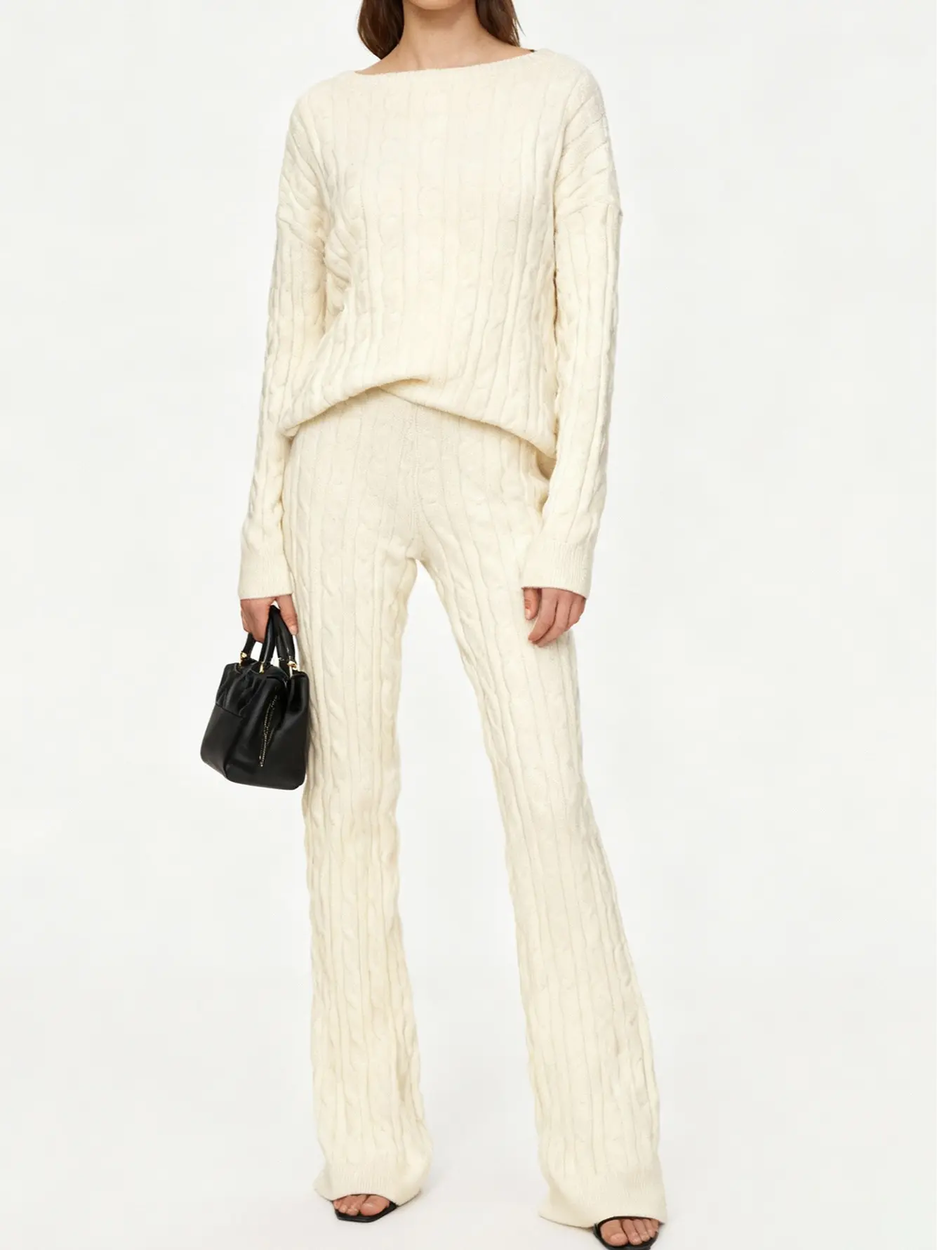 Women's 2-Piece Outfits, Cable Knit Off-Shoulder Sweater and Matching Wide Leg Pants, Comfortable Loungewear Clothes, Casual Fashion Style, Women's Clothes, Two-Pieces