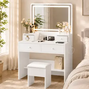 【Summergarden】DAYAGO Modern Makeup Vanity Desk Set with Mirror, Adjustable LED Lights, 4 Drawers, Power Strip & Storage Chair Stool for Bedroom, White, Ideal Gift for Women, Christmas Present