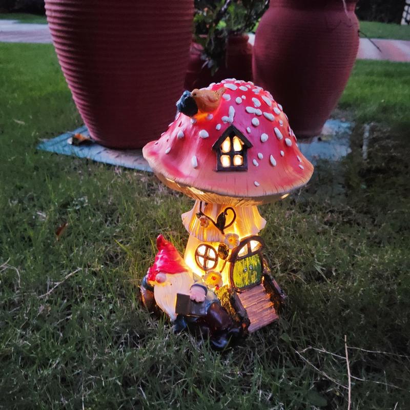 11 Inch Solar Mushroom Fairy House Resion Outdoor Statue Lamp Light Gnome Theme Garden Decor Seasonal Gardening Art for Housewarming Gifts Spring Outdoor Decoration for Patio Garden Balcony