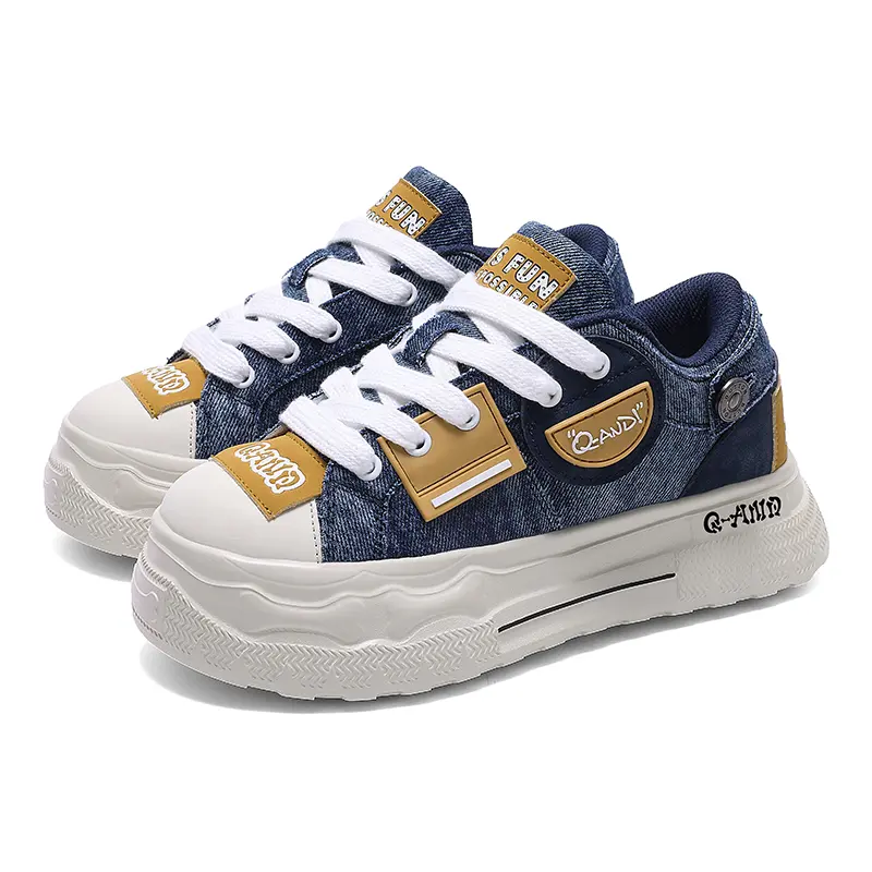 Q-AND 2026 Chunky Mid Top Retro Denim Sneakers - Letter Print Soft Denim Canvas Women's Casual Trainers, All Seasons Walking Shoes for Casual Activities, 90S Vibe Round Toe Ankle Lace-Up Knot Footwear, Athletic, Training