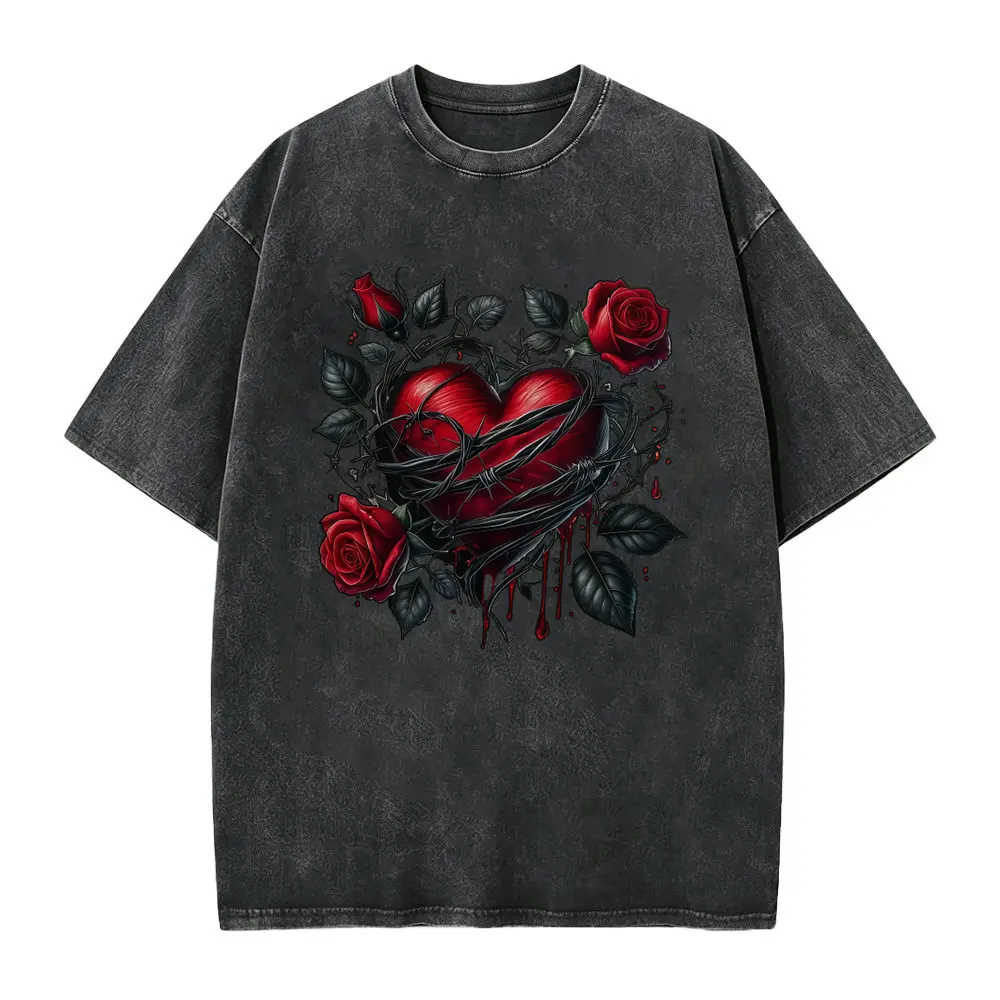 Gothic T-Shirt with Thorns Rose- Black & Red Heart Print Short Sleeve Top, Medium-Stretch Machine-Washable Fabric for all- Wear, Gothic Outfits, Bat Wing Suitable for Daily Outfits or Halloween Costumes - Trendy  Gift