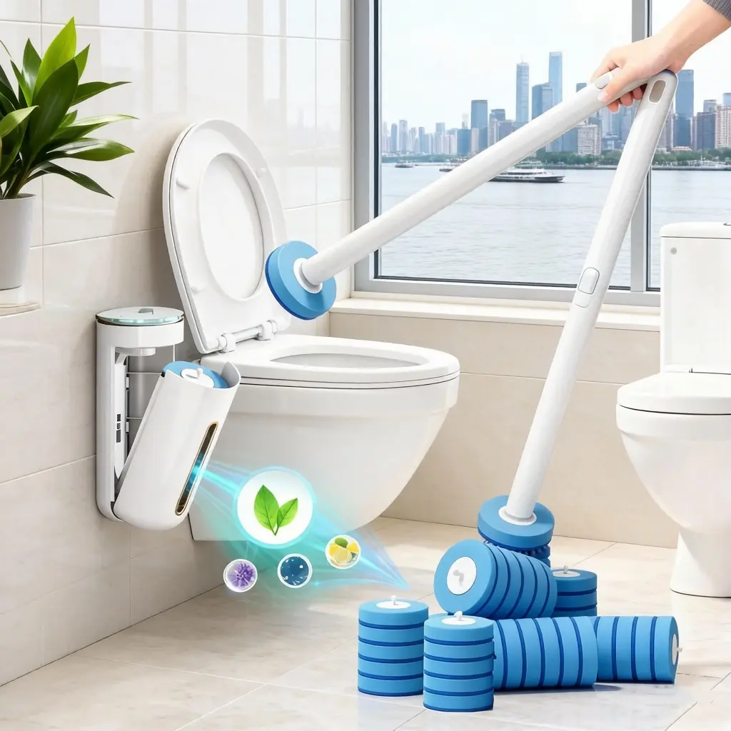 Toilet Cleaning System, [2PC] Wall-Mounted Disposable Toilet Wand Kit with Sturdy Long Handle, 16 Refills, Rotatable Design, 1-Click No-Touch Release, Built-In Cleaner, Holder, Self-Opening/Closing Lid, BPA-Free Eco-Friendly Daily Bathroom Tool