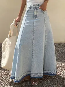 Women's Regular Waist Dark-Color Fringe Patchwork Maxi Denim A-Line Skirt Jeans Skirt