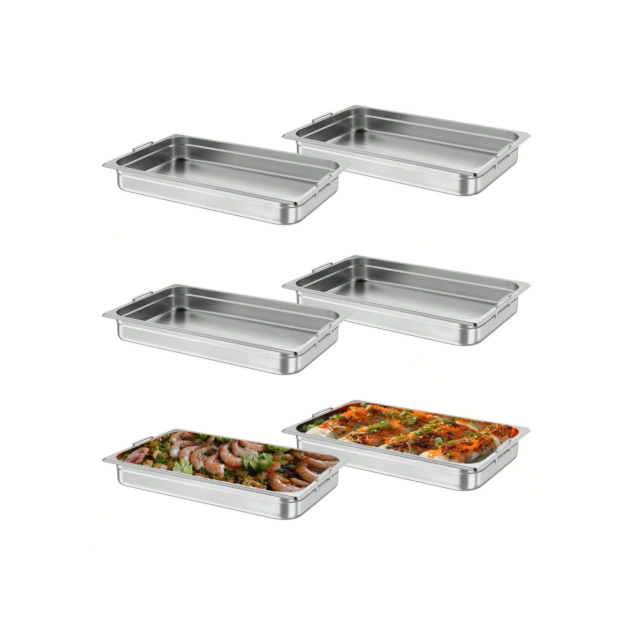 6 Pack Full Size Food Pans, 2.5 Inch Deep Commercial Catering Hotel Pan, NSF Certified, Stainless Steel Anti-Jamming Steam Table Pan,Handle + No Lid