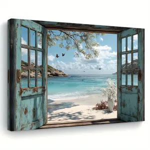 1 Piece Coastal Beach Canvas Wall Art - Turquoise Door, Rustic Wooden Frame Seascape Oil Painting, Living Room Bedroom Office Decoration, Housewarming Wedding Gift (11.75x 15.7inch /), Beach Style Room Decoration, Vintage Aesthetic, Framed Artwork, Home D