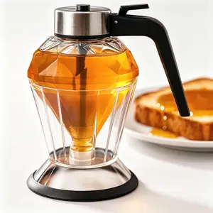 Honey/Syrup Dispenser -Premium No Drip Design, Elegant Diamond Shape with STAINLESS STEEL TOP,Clear Glass Honey Container（8oz）