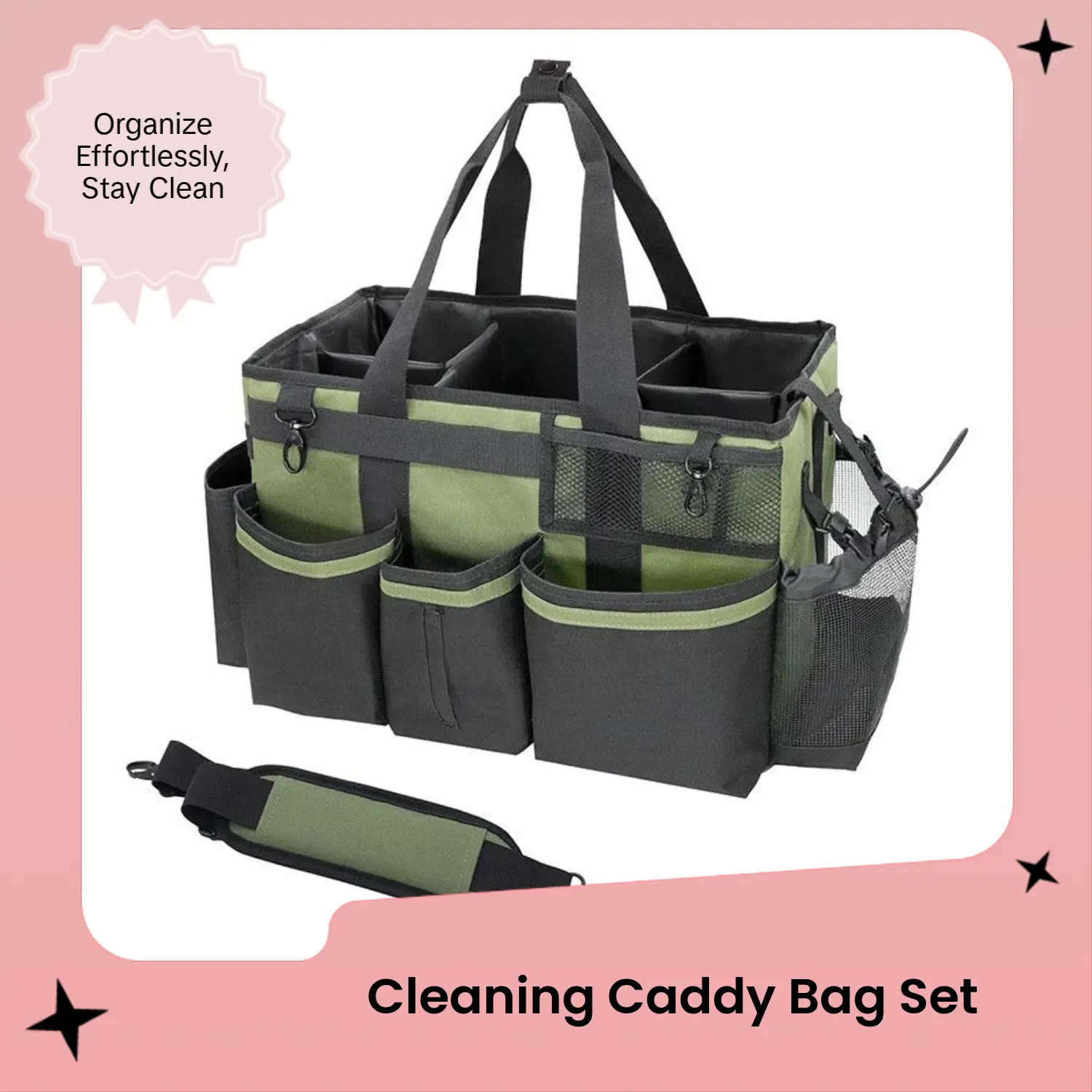 Green Cleaning Caddy Bag - Multi-1 Bag Organizers with Spray Bottle, Towels, Shoulder Strap, Waist Belt, and Holder, Multi-In-One Bag Organizers