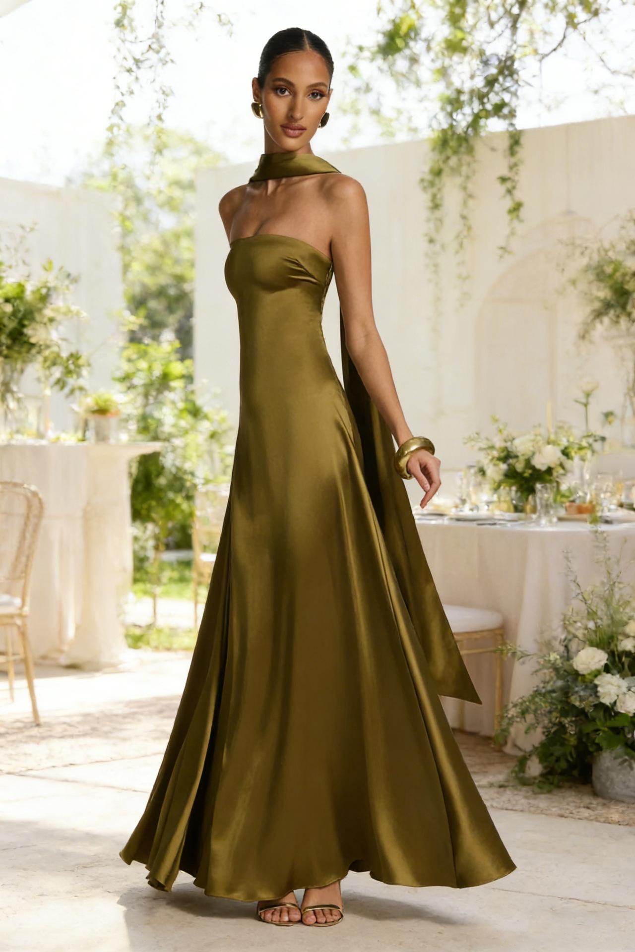 Womens Backless Tube-Top Waist-Cinching Evening Gown Long Dress