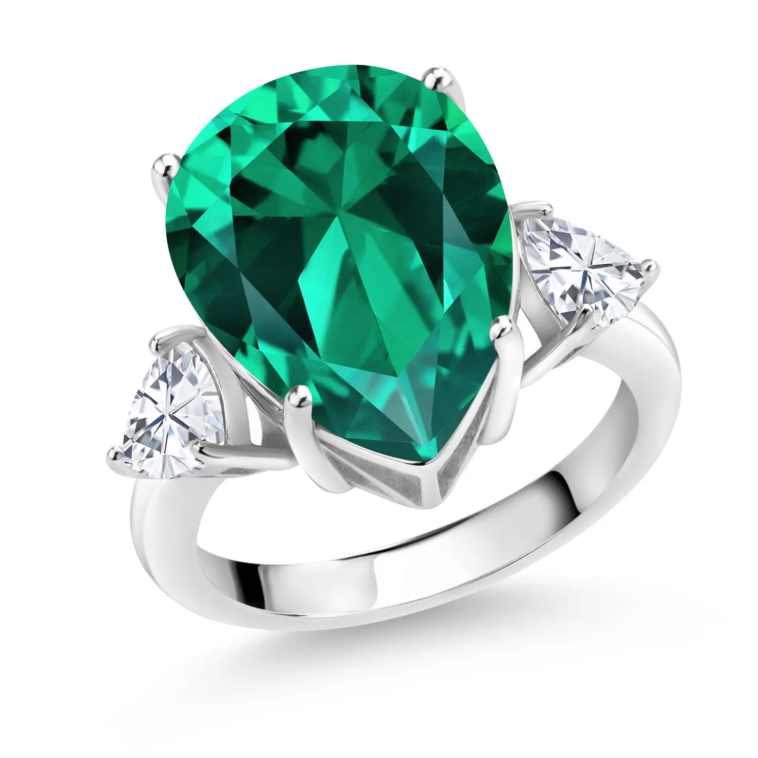 9.19 Cttw Green Nano Emerald and White Moissanite 3-Stone Ring For Women | 925 Silver | Pear Shape 16X12MM | Trillion 5MM | Three Stone Wedding Engagement Anniversary Ring
