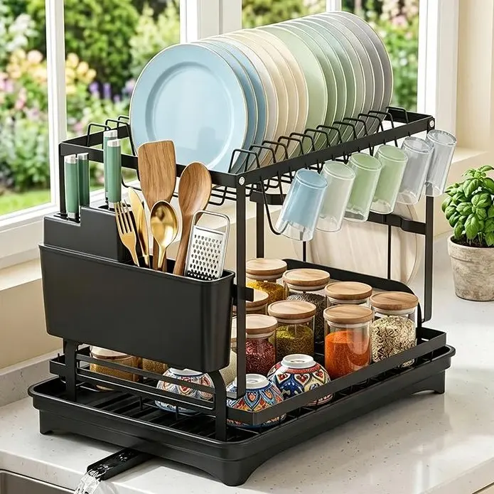 Adjustable Stainless Steel 2-Layer Bowl & Dish Drying Rack with Drip Board, Bowl & Board Hold, Bottles Organizer, Cleaning-Compatible Kitchen Counter Organizer for Cups