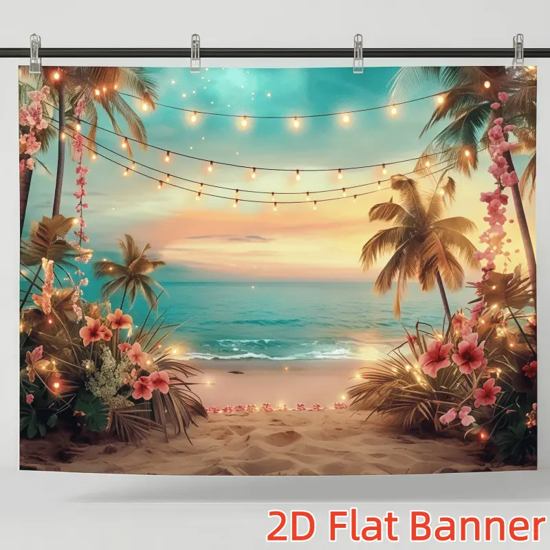 1PC Polyester 2D Flat Backdrop - Tropical Beach Festive Decoration, Romantic Sunset Palm Tree Flower String Light Banner, Happy Birthday Ceremony Christmas Indoor Photography Supply