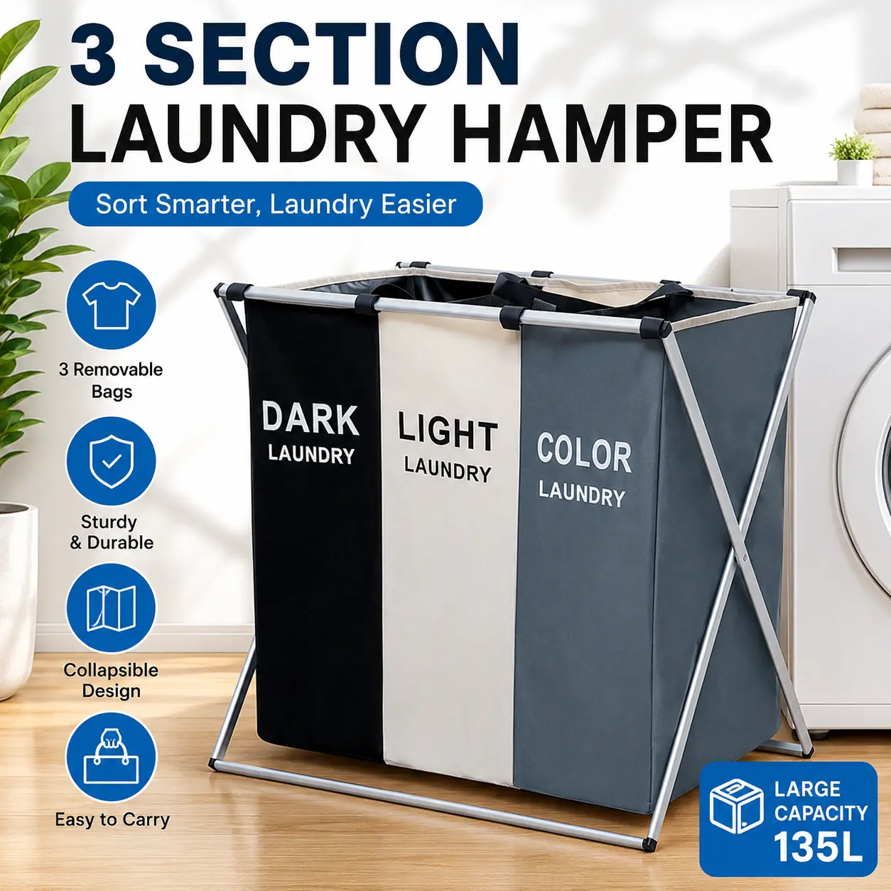 Foldable Laundry Hamper 3 Bag Clothes Sorter Organizer Collapsible Laundry Basket with Sturdy Metal Frame Waterproof Oxford Fabric Portable Large Capacity for Home Bathroom Bedroom Dorm Apartment