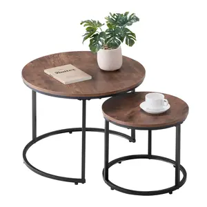 VEVOR Nesting Coffee Table Set of 2, 23.6 in Round Coffee Table, Nesting Tables for Small Place, End Side Tables Night Stand with Metal Frame, for Living Room, Bedroom, Office (Vintage Brown & Black)