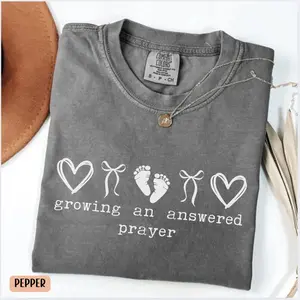 Comfort Colors Growing An Answered Prayer Christian Mom Shirt, Coquette Pregnancy Reveal, Announcement Mom To Be Tee, Baby Shower Gift