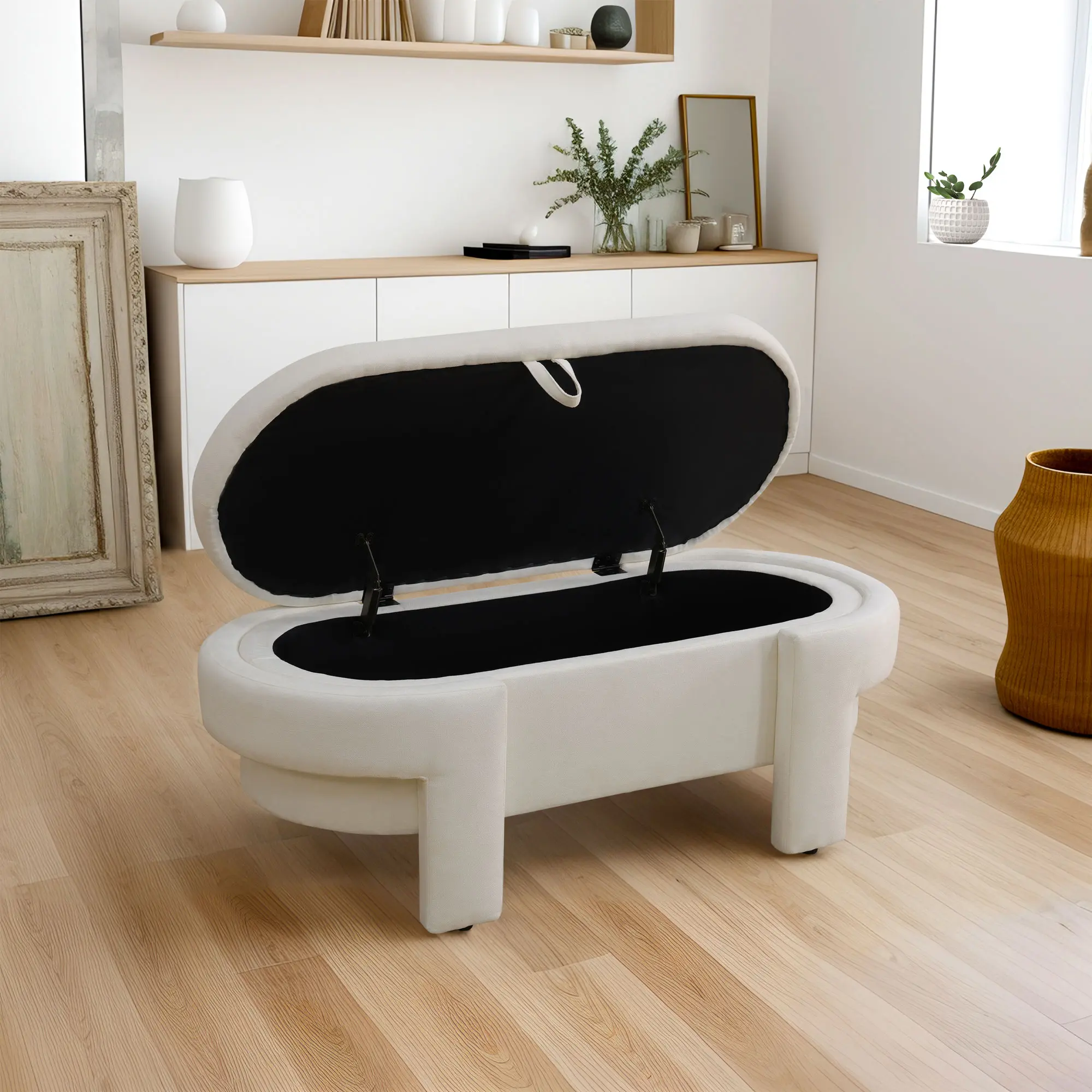 Off-White Calico Living Room Ottoman Classic Design with Lid for Modern Home Decor