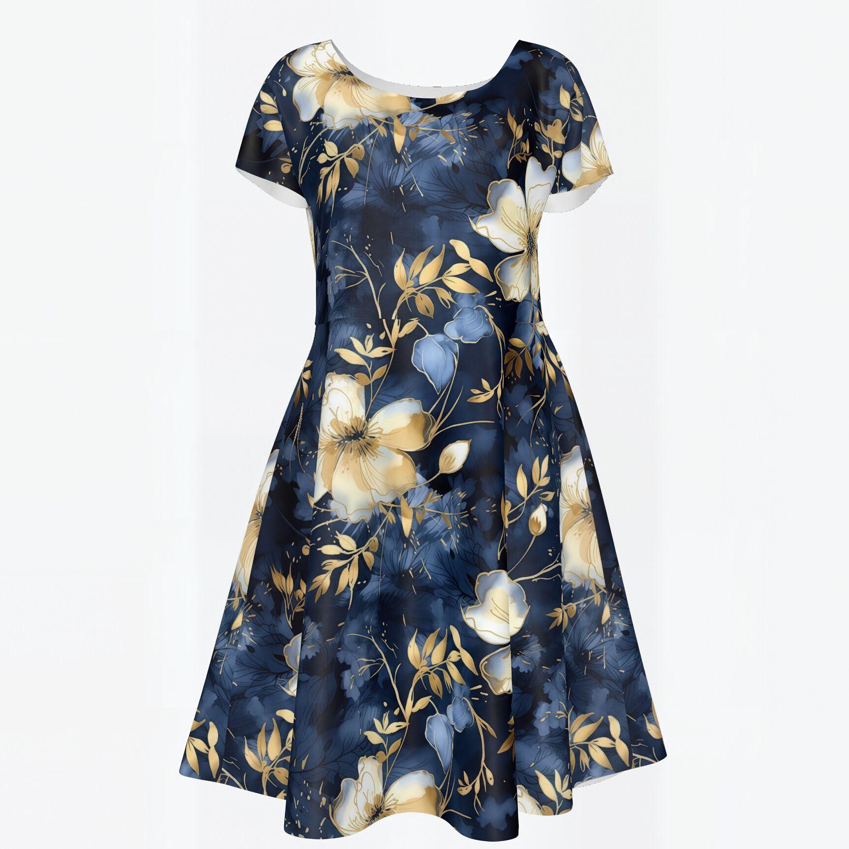 Vintage Floral Print Dress for Women Elegant Knee Length A-Line Swing Dress Short Sleeve round Neck Summer Casual Dress Fit and Flare Dress for Wedding Guest Party Cocktail Holiday Beach Travel Lightweight Comfortable