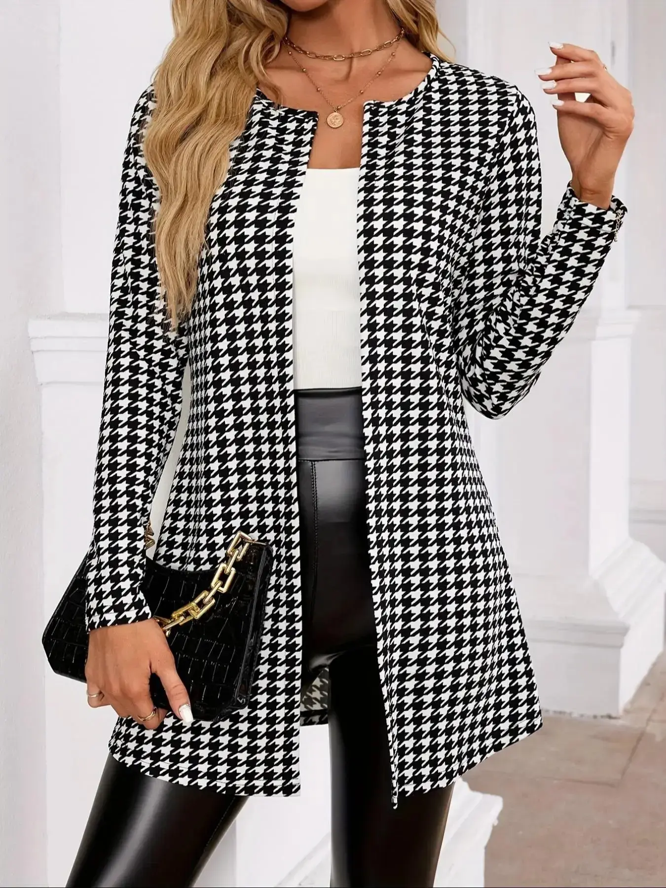 Women's Houndstooth Print Long Sleeve Open Front Jacket Fabric Fit, Casual Elegant Outerwear for Spring & Fall, Ladies Clothes for Daily Wear, Womenswear Piece