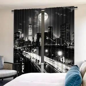 2 Piece Set City Night Scene Home Textile Window Decor Digital Print Curtains, Rod Pocket Design, Privacy Protection, Suitable for Bedroom Living Room Kitchen Study Dining Room