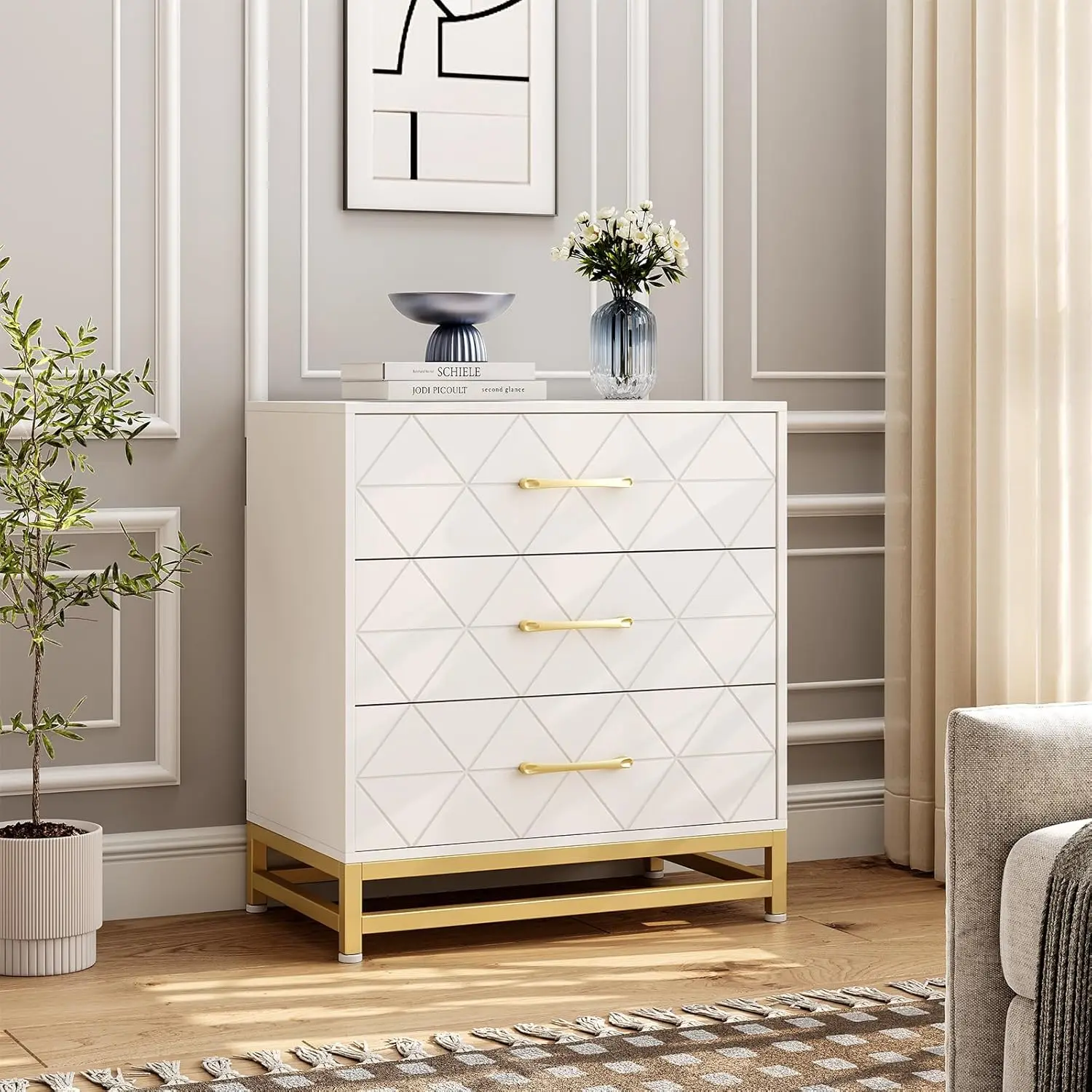 Modern Storage Dresser - White Sturdy 3-Drawer Standalone Cabinet, 23.9in W x 15.8in D x 28.8in H, Spacious Indoor Cupboard with Durable Gold Accents, Assembly-Required Bedroom Nightstand for Drawer Organization, Small Room Ideas