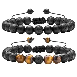 OIDEA 8mm Lava Rock Aromatherapy Essential Oil Diffuser Bracelet with Braided Rope, Natural Stone Yoga Bead Bracelet 2Pcs