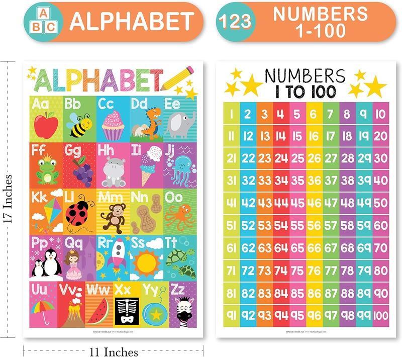 2025 Upgraded Educational Posters for Toddlers 1-3, 18pcs Preschool Learning Kit Alphabet Numbers Colors Shapes Flat Ship Bright Colors Classroom/Home DeerSen