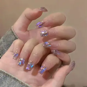 24pcs Sparkling Diamond Gentle Elegance Iridescent Shimmer False Nails, Press-On Gradient Acrylic Nail Art, DIY Removable Y2K Style for Girls