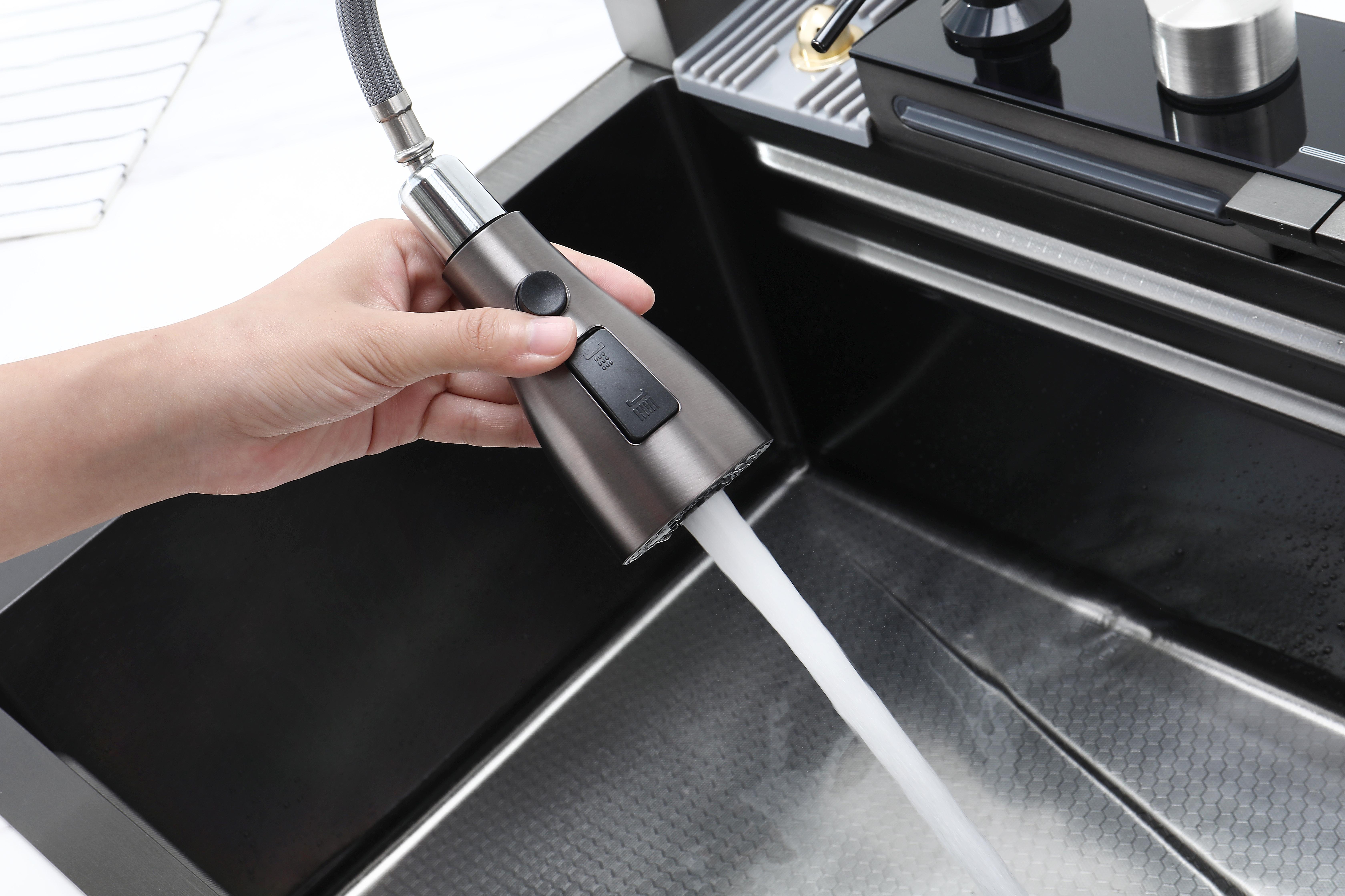 30 Inch Kitchen Sink with Smart Digital Display, Water Powered Piano Key Control, 3 Water Modes Pull Out Faucet, Dual Knob Design, Honeycomb Coating, Compatible with US Standard Garbage Disposal 30 Inch Kitchen Sink with Smart Digital Display, Water Powered Piano Key Control, 3 Water Modes Pull Out Faucet, Dual Knob Design, Honeycomb Coating, Compatible with US Standard Garbage Disposal