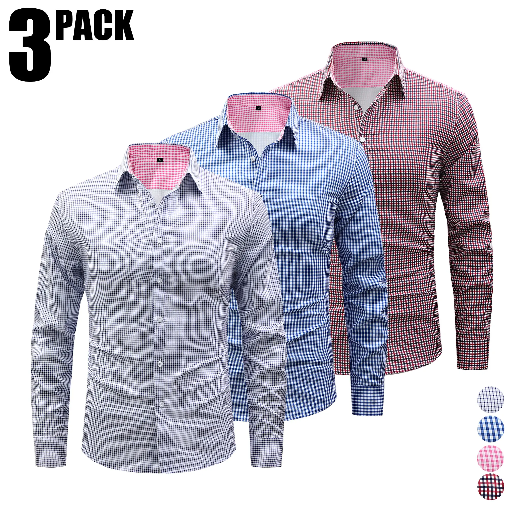 3-Pack Men’s Plaid Long Sleeve Shirts – Business Casual, Versatile Small Check Pattern, Wrinkle-Free & Breathable Commuter Tops summerwins
