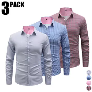 3-Pack Men’s Plaid Long Sleeve Shirts – Business Casual, Versatile Small Check Pattern, Wrinkle-Free & Breathable Commuter Tops fathersdaygift
