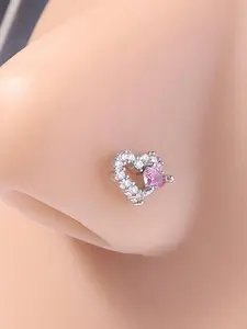 Cute Heart Shaped Nose Stud, CZ Nose Ring Stud, L Shaped Nostril Piercing Jewelry, Hypoallergenic Body Jewelry for Women & Girls