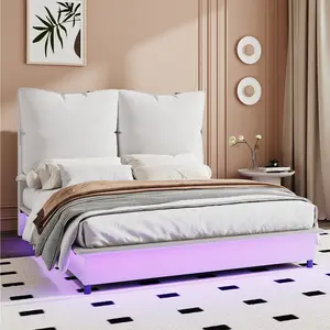 Amerlife Queen Size Floating Bed Frame with Upholstered Headboard, RGB LED Lights, Hydraulic Lift Storage, No Box Spring Needed, Sturdy Construction, Easy Assembly [Memorialday], Queen Size Bed Frame