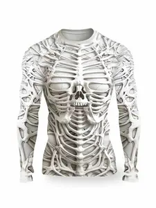 Men's Halloween Skull Long Sleeve Shirt with Graphic Skeleton Pattern, Gothic Loose Fit, Perfect for Halloween, Christmas Party, Casual Wear