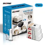 Snofrid Rechargeable & Cordless Travel Vacuum Storage Compression Bags Set - 15 Packs Thick PA+PE Transparent Space Saving Bags (3 Sizes) with USB Rechargeable Handheld Pump, Built-In Battery, Waterproof Reusable Design for Carry-On Suitcases